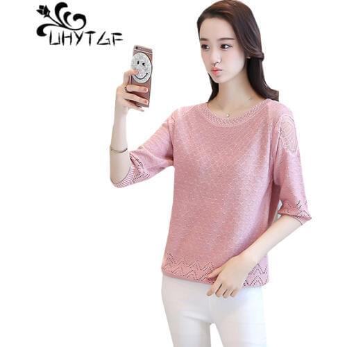 UHYTGF New Summer Female Knitted T-shirt top O-Neck Hollow t shirt Women Loose Plus size Short sleeve Pullover Ladies Tshirt 655