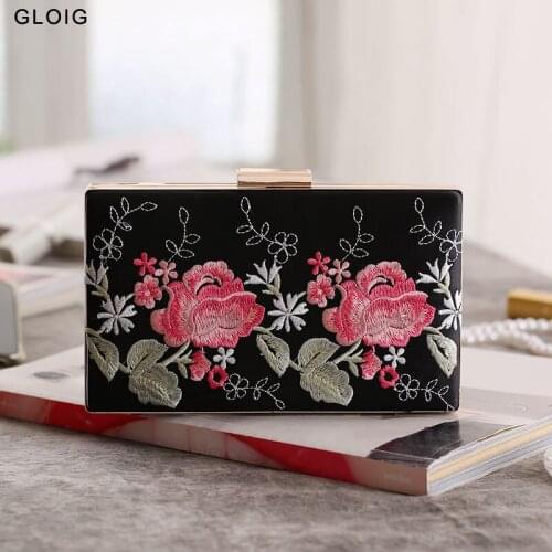 Printed Flower Embroidery Evening Bags Rose Metal Black Day Clutch Satin Party Wedding Dinner Handbags