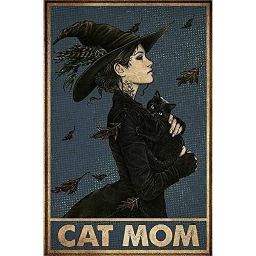Witch Cat Lovers Cat Mom Metal Tin Poster Indoor & Outdoor Home Bar Coffee Kitchen Wall Decor Halloween Painting Metal Plate