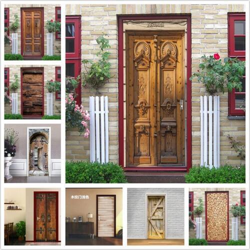 3D Door Murals Vintage Wood Wallpaper for Doors DIY Self-adhesive Waterproof Vinyl Poster Living Room Bedroom Home Design Decals