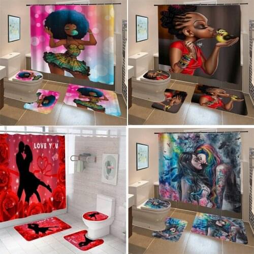Waterproof Shower Curtain Sets with Rugs Blooming Bath Rug and Mats with Hooks Toilet Seat Cover Bathroom Decor