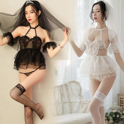Women Beautiful Tulle Short Skirt Sexy Temptation Nightdress Set Transparent Bridal Wedding Lingerie With Fishnet Silk Stockings