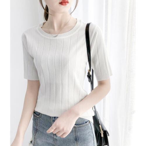 New render ice silk round collar short sleeve shirt sleeve thin sweater sleeve top five points in loose woman