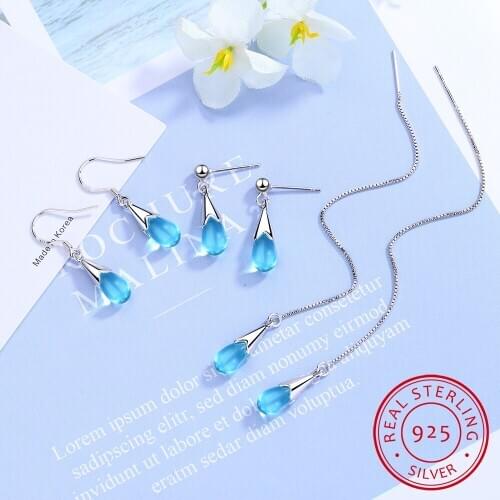 New Real Blue Crystal Water Drop Earrings For Women 925 Sterling Silver Long Tassel Earrings Chain S-E665