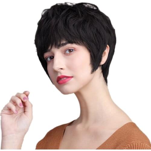 10" Women Short Natural Layered 100% Real Human Hair Wigs with Cap Black
