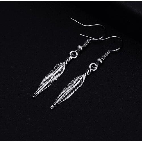 Trendy Feather Shape Dangle Antique Silver Plated Earrings for Women Girl Retro Drop Earrings Cute Earring Jewelry Bijoux