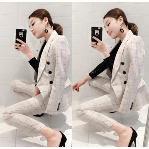 Business OL Office Pants & Jackets 2 Pieces Womens Blazer 2020 Fall Vintage Fashion White Plaid Dresses Womens Suit Set