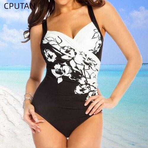 2020 Print Floral One Piece Swimsuit Black White Swimwear Women Bathing Suit Push Up Bodysuit Big Size 5XL Swimsuit Biquini New
