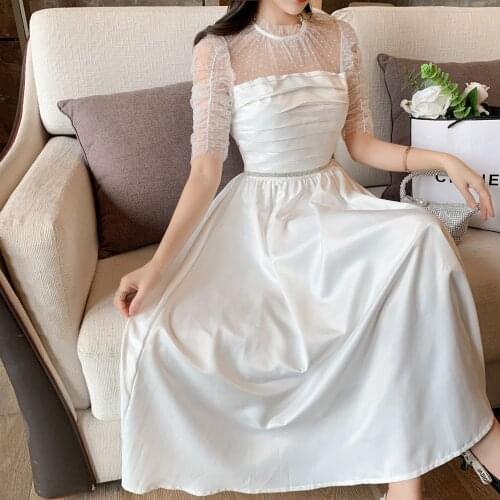 New Runway Self-Portrait Summer Holiday Dress Fashion Women Mesh Dot Print Patchwork Satin White See Through Sashes Midi Dresses