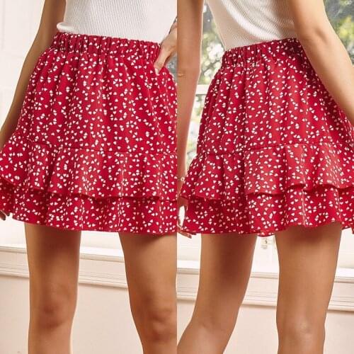 Womens High Waist Polka Dot Ruffled Floral Half-Length Skirt Beach Dress Red