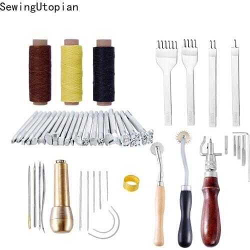 1Set Leather Stamp Punch Tools with Awl Needle Tool Set for Leather Craft Working Leather Stamping Kit Leather Sewing Thread