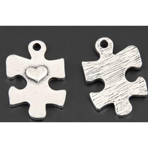 20pcs Silver Color 21x15mm Jigsaw Puzzle Piece Charms Heart Pendant Fit DIY Jewelry Making Handcrafted Accessories