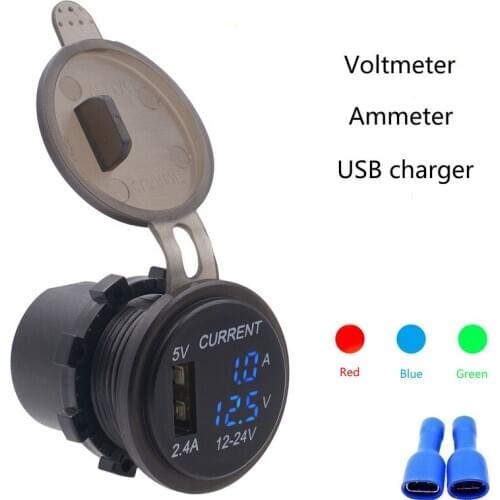 12-24V Car Charger USB Charger Socket Adapter LED Display With Dust Cover Power Socket Car Motorcycle with Voltmeter Ammeter