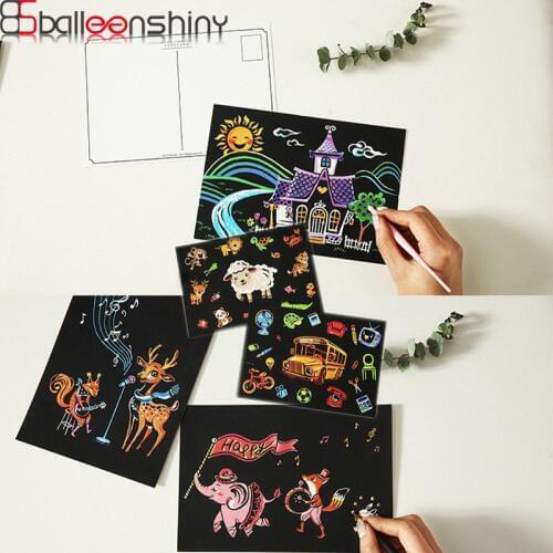BalleenShiny 4Pcs Kids Magic Scratch Paintings DIY Toys Animals Castle Drawings Kid Educational Learning Toys Child Gifts