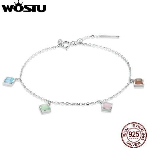WOSTU 925 Sterling Silver Simple Geometry Square Chain Link Bracelet For Women Lobster Clasp Bracelet Jewelry Gift CQB224