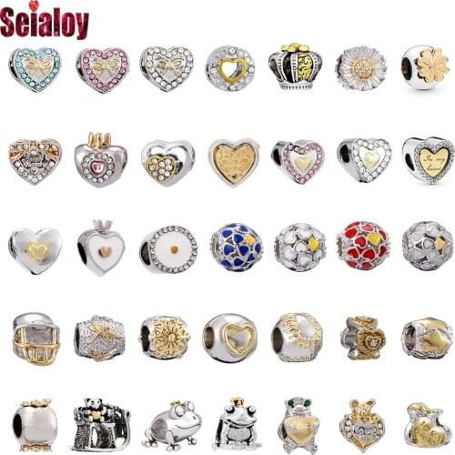 Seialoy Two-color Heart Beaded Golden Crown Frog Shiny Charm Fit Bracelets Diy Fashion Bangles Jewelrys Accessories Beads