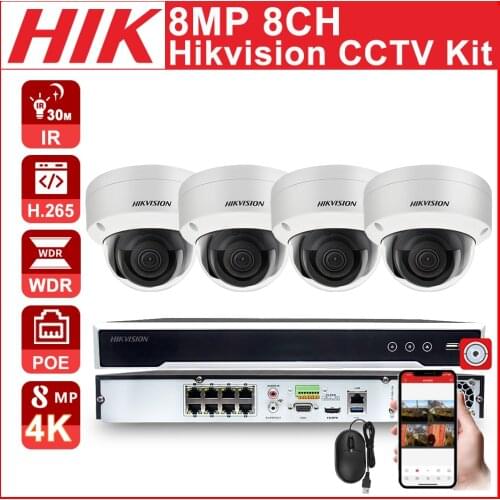 Hikvision 8MP CCTV Kit 4K POE IP Camera Dome DS-2CD2185FWD-I POE 8CH 4K DS-7608NI-K2/8P APP Easy installation