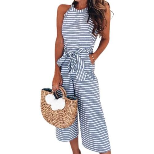 Summer Women Sleeveless Slim Jumpsuit Stripe High Waist 3 Colors Ladies Halter Off Shoulder Romper for Shopping Pocket Playsuit
