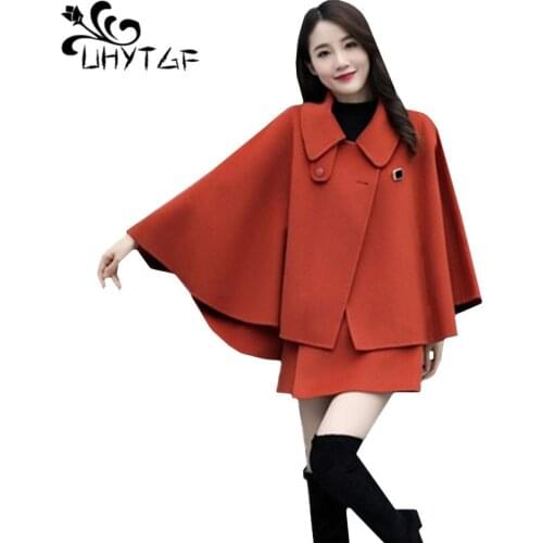 UHYTGF Autumn winter two piece set womens quality Woolen Cape Cloak top +wool Short skirt elegant sets trend women clothing 746