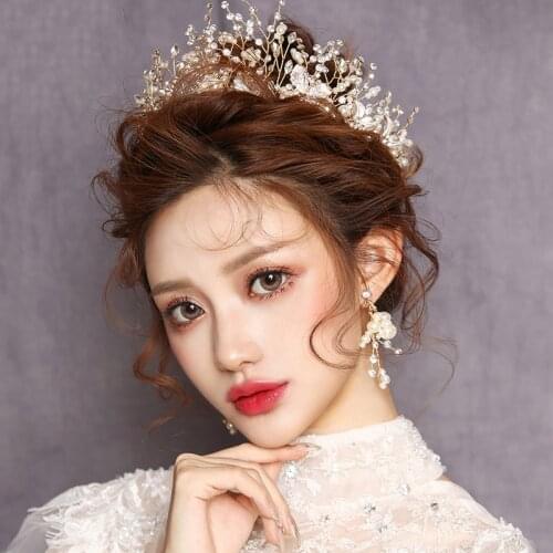 Korean Wedding Hair Accessories Bridal Ornaments Jewelry Metal Crystal Gold Headband Girls Tiara Crown Hairband With Earrings