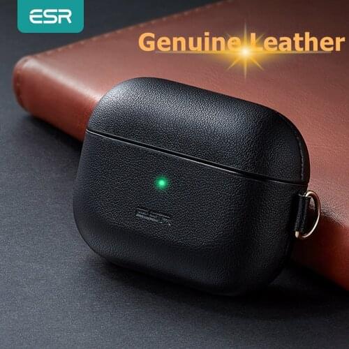ESR Leather Case for AirPods Pro Keychain Hook Up Shockproof Cover For AirPods 3 Case Cover Black Brown Luxury Genuine Leather