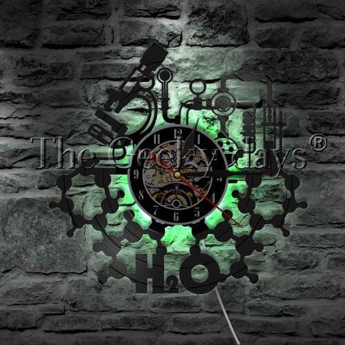 Science Laboratory Vinyl Record Wall Clock Modern Design Chemistry Experiments Periodical Elements LED Night Light Table Lamp