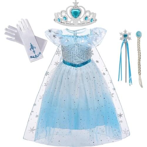 Summer Dress Snow Queen Girl Elsa Dresses Halloween Party Cosplay Clothes Sequins Mesh Dress for Girls