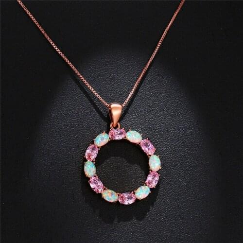 Cute Female Big Round Pendants Necklaces Rose Gold Wedding Necklace Boho White Fire Opal Necklaces For Women
