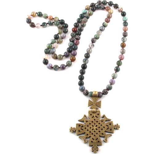 Fashion Bohemian Tribal Jewelry Natural Stones Long Knotted Metal Cross Pendant Women Ethnic Necklace
