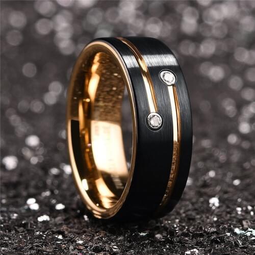 I & FDLK 2021 New Mens 8mm Black Tungsten Carbide Ring Gold Plated Groove Line Crystal Wedding Band Mens Jewelry