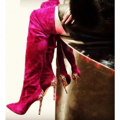 Real Photo Hot Selling Pointed Toe Black Red Suede Leather Gold-tone Baroque Decoration Heel Over The Knee Boots High Heel Pump