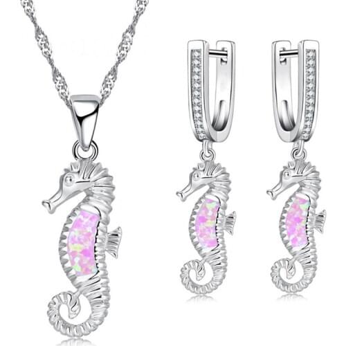 Cute Blue Imitation Opal Hippocampus Jewelry Sets For Women Accessories Necklace With Earring Set Fashion Women Gift