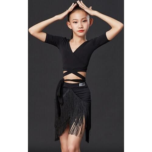 Latin Dance Dress Children V-Neck Short Sleeve Fringed Skirt Girls Performance Costumes Rumba Cha Cha Samba Tango Wear DN6062