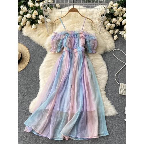 Sexy Women Spaghetti Strap Mesh Midi Dress Summer Elegant Off Shoulder Rainbow Striped Colorful Beach Vestidos Female Robe 2021