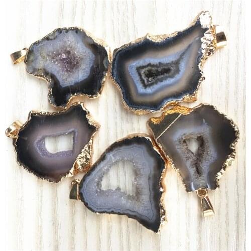 Natural Stone Brazilian Electroplated Edged Slice Open Brown Agates Geode Drusy Druzys Pendants For Necklace jewelry Making 5PCS