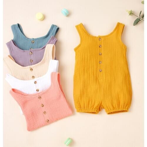 Casual Plain Summer 0-24M Newborn Baby Boys Girls Clothes Solid Cotton Button Romper Outfits Sleeveless Playsuit Clothing