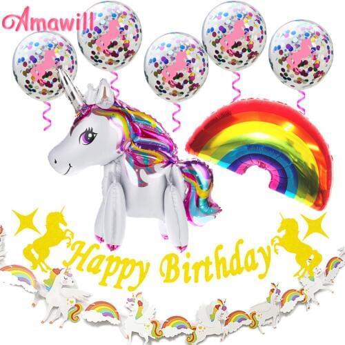 Amawill Unicorn Party Happy Birthday Banner Confetti Balloons Rainbow Unicorn Foil Ballon For Birthday Party Decoration Kids 7D