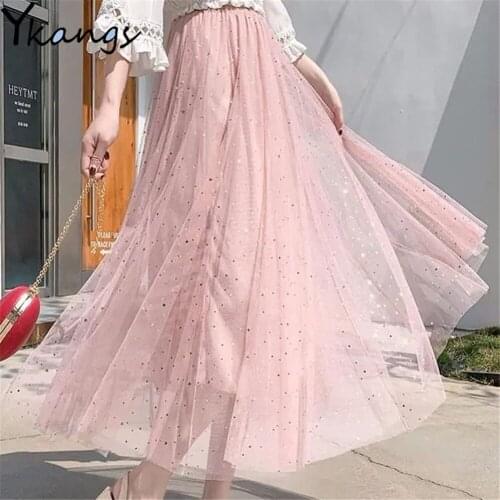 Star Sequined Mesh Pleated Skirt 3-Layer High Waist Tulle Long Skirt Black Solid Pink Women Korean Fashion Summer Midi Skirt