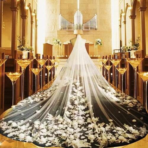 Luxury Bridal Veils 3D Flowers Applique Cathedral Length For Wedding 3 Meters Netting Wedding Veils White Ivory with Comb 2021