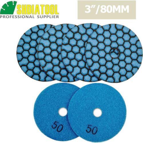SHDIATOOL 6pcs 3"/80mm Grit 50 Diamond Dry Polishing Pad For Granite & Marble, Resin Bond Sanding Disc For Stone Without water