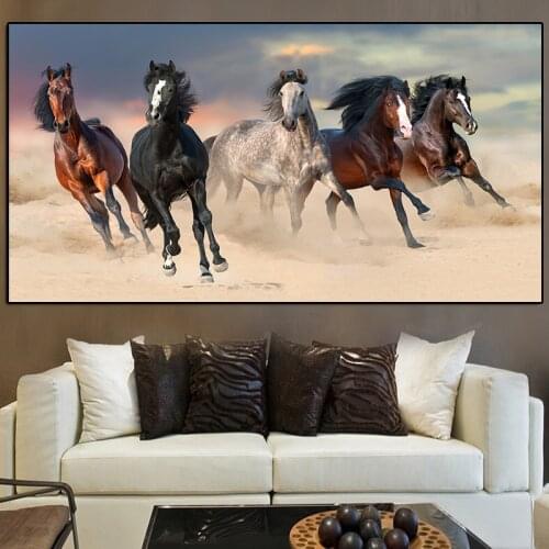 Modern Five Running Horse Landscape Animals Cuadros Oil Painting on Canvas Posters and Prints Wall Art Picture for Living Room