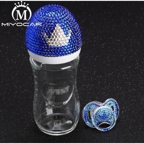 MIYOCAR Bling Luxurious blue and white crown 240ml glass Feeding Bottle and bling bling crown pacifier for baby shower gift