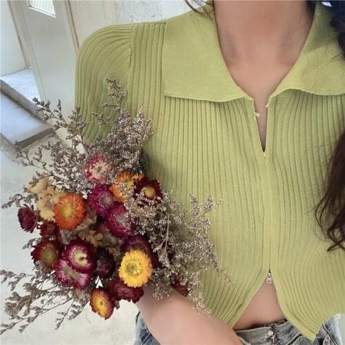 Short Sleeve Cropped Zipper Slim Sweaters Cardigans Lady Knit Short Crop Tops for Female Women Turn-down Collar Knitted