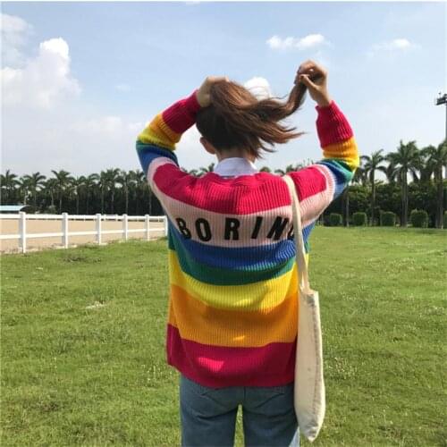 Rainbow Striped Sweater Cardigan Womens Jacket Hit Color Embroidery Letters Knitted Female Korean Harajuku Clothing For Women