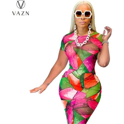 VAZN 2020 New Print Party Maxi Dress Celebrity Short Sleeve Dresses Evening Gown Women Elegant Sexy Dress