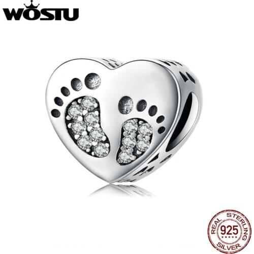 WOSTU Genuine 925 Sterling Silver Footprints Heart Beads Zircon Charms Fit Original Bracelet Pendant For Women Jewelry CQC1395