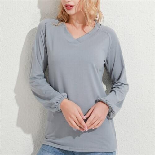 Women Autumn Winter Fashion Casual V-neck Tops Long Sleeved T-shirts Ladies Solid Color Blouses Plus Size Loose Cotton Shirts