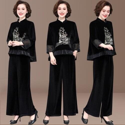 Womens Velvet Suits 2021 Spring Top+Trousers Two Sets Gold Velvet Suit Plus Size 5XL Female Pants Set Mid Elderly Mom Sets 1