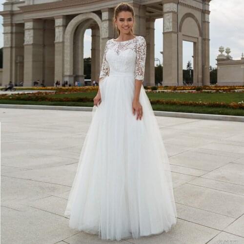 A-Line Simple White Wedding Dresses For Women Custom Made Lace Bride Dress 3/4 Long Sleeve Tulle Wedding Gown Vestidos De Noiva