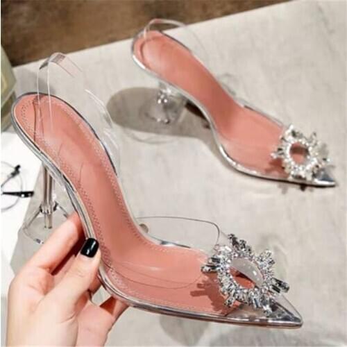 Big size 43 44 Women Pumps Elegant Pointed toe Rhinestones High heels Wedding Shoes Crystal Clear heeled Slingback Pumps Sandals
